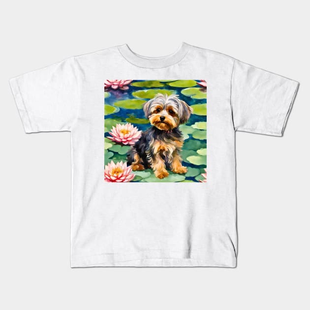 Yorkipoo on Lily Pond Kids T-Shirt by Doodle and Things